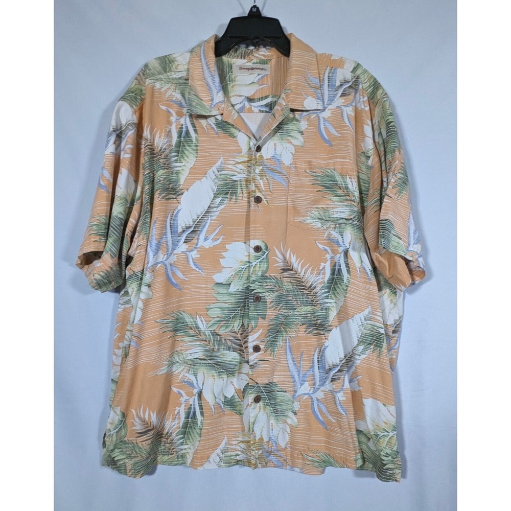 TOMMY BAHAMA 100% Silk Camp Shirt Short Sleeve Leaf Print Men's XL Palms